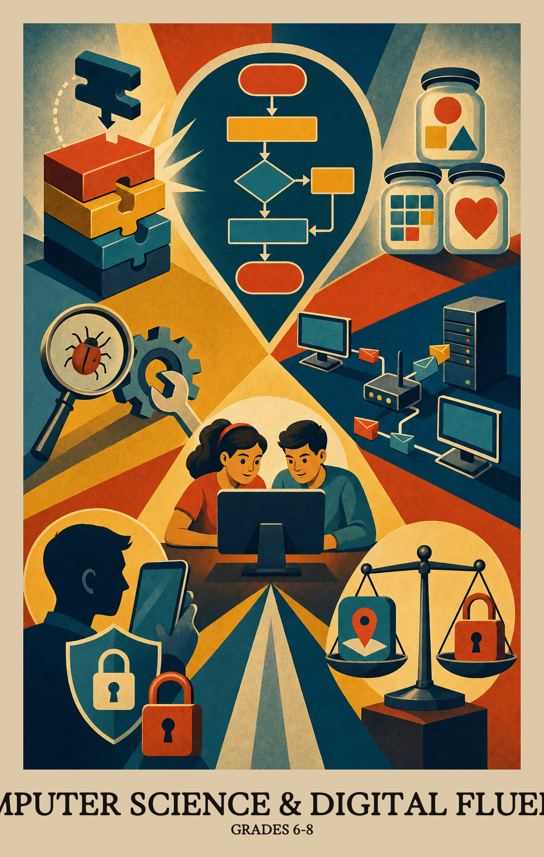 Illustration of what students learn in Grades 6-8 Computer Science & Digital Fluency