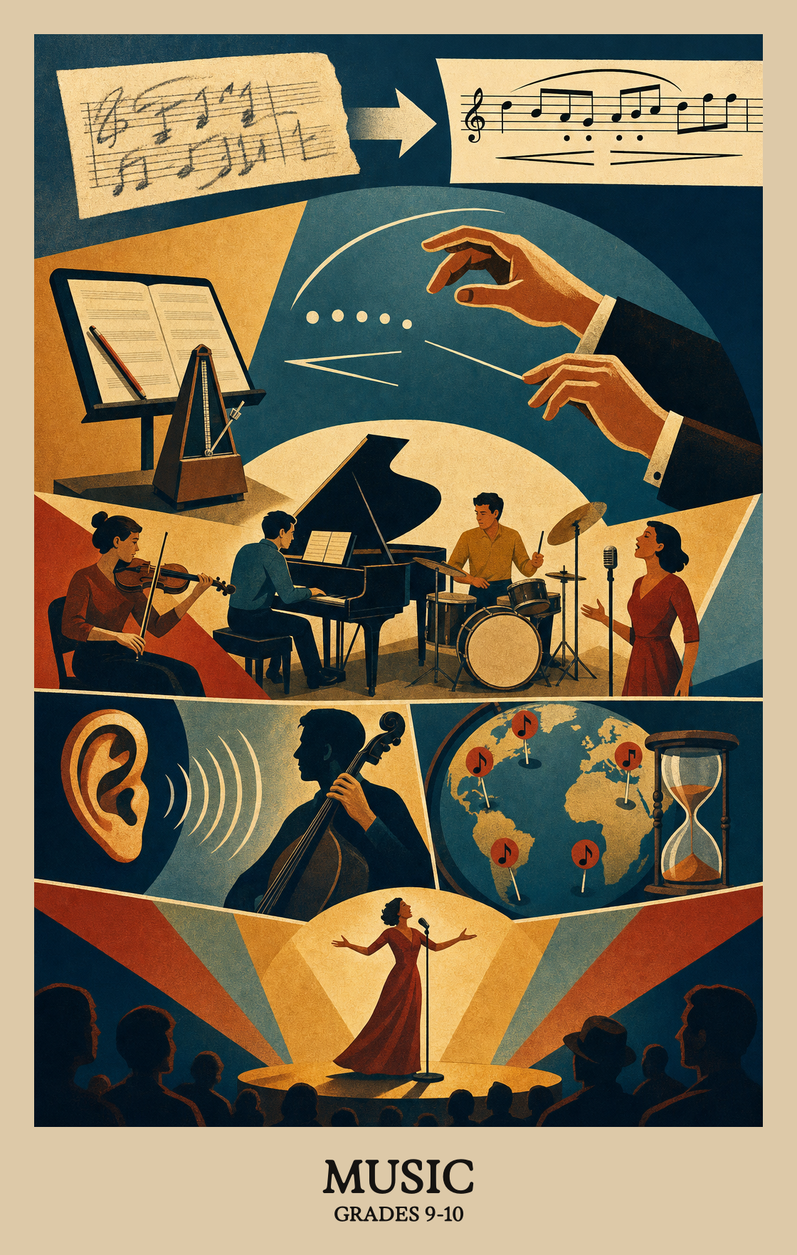 Illustration of what students learn in Grades 9-10 Arts: Music