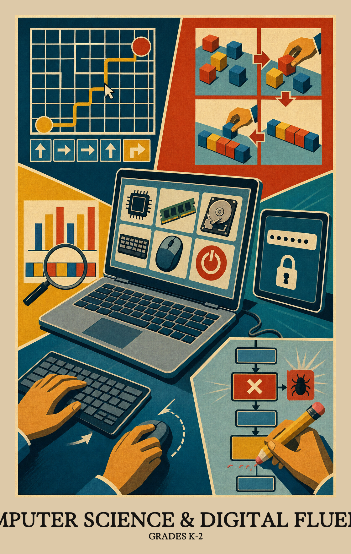 Illustration of what students learn in Grades K-2 Computer Science & Digital Fluency