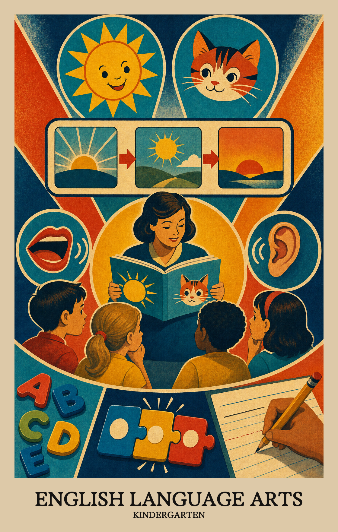 Illustration of what students learn in Kindergarten English Language Arts