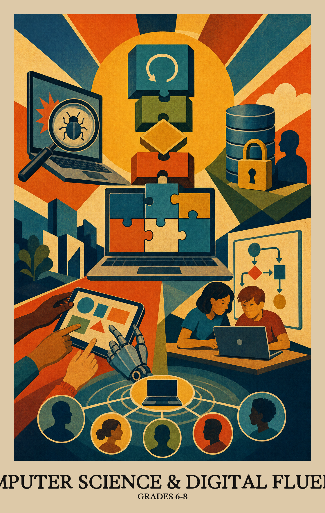 Illustration of what students learn in Grades 6-8 Computer Science & Digital Fluency