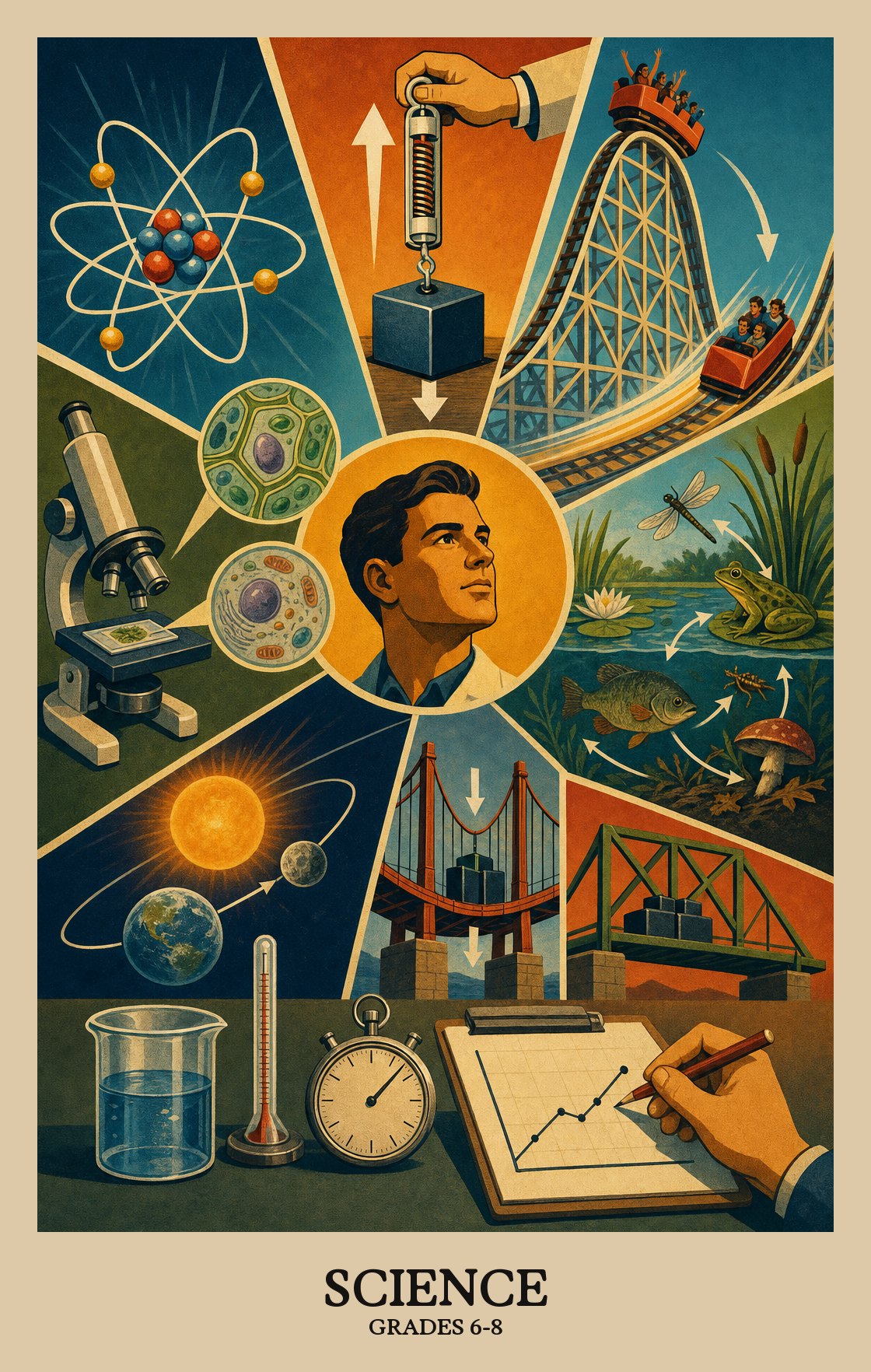 Illustration of what students learn in Grades 6-8 Science
