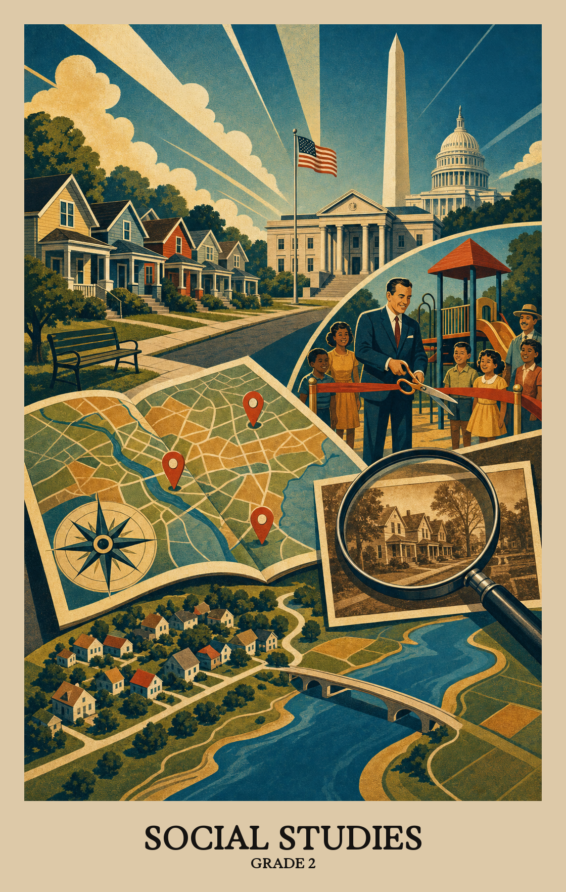Illustration of what students learn in Grade 2 Social Studies