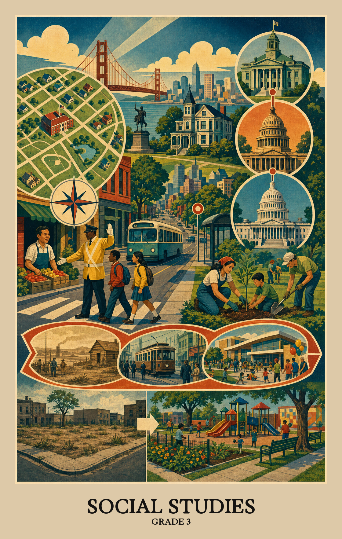 Illustration of what students learn in Grade 3 Social Studies