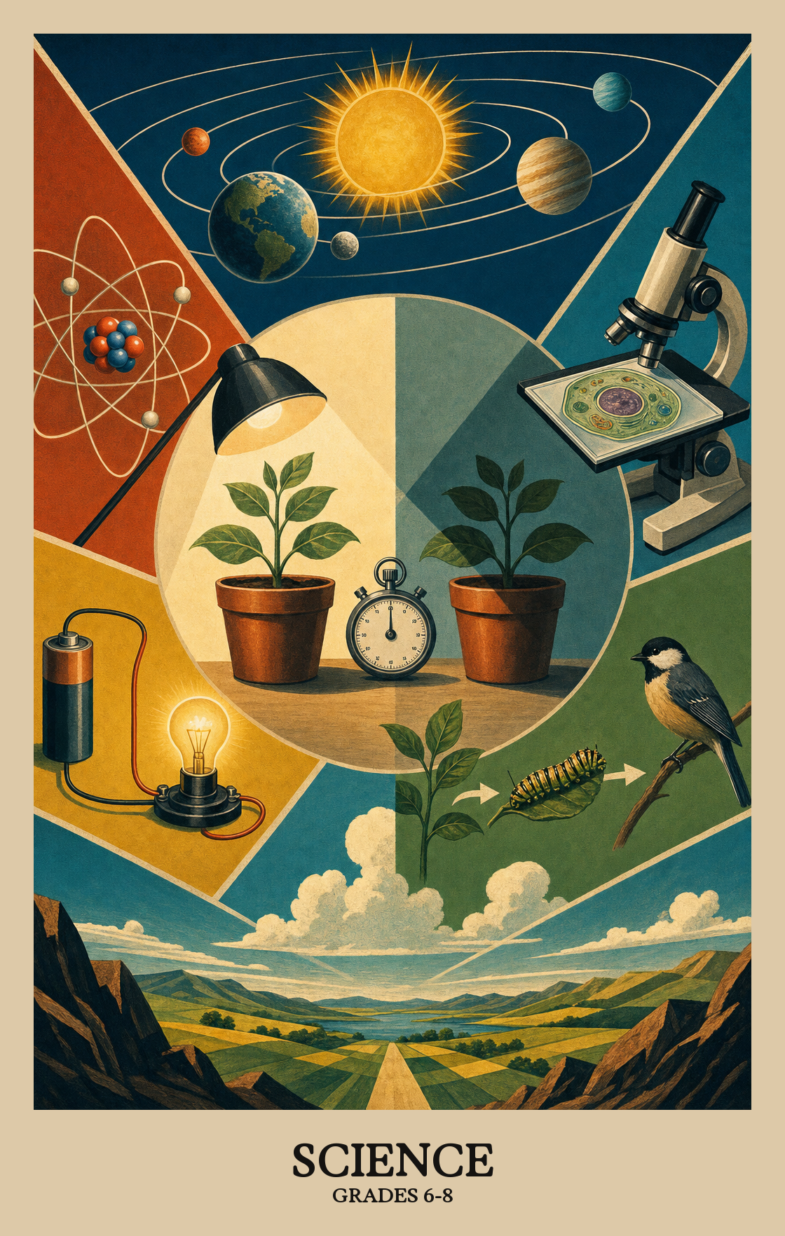 Illustration of what students learn in Grades 6-8 Science
