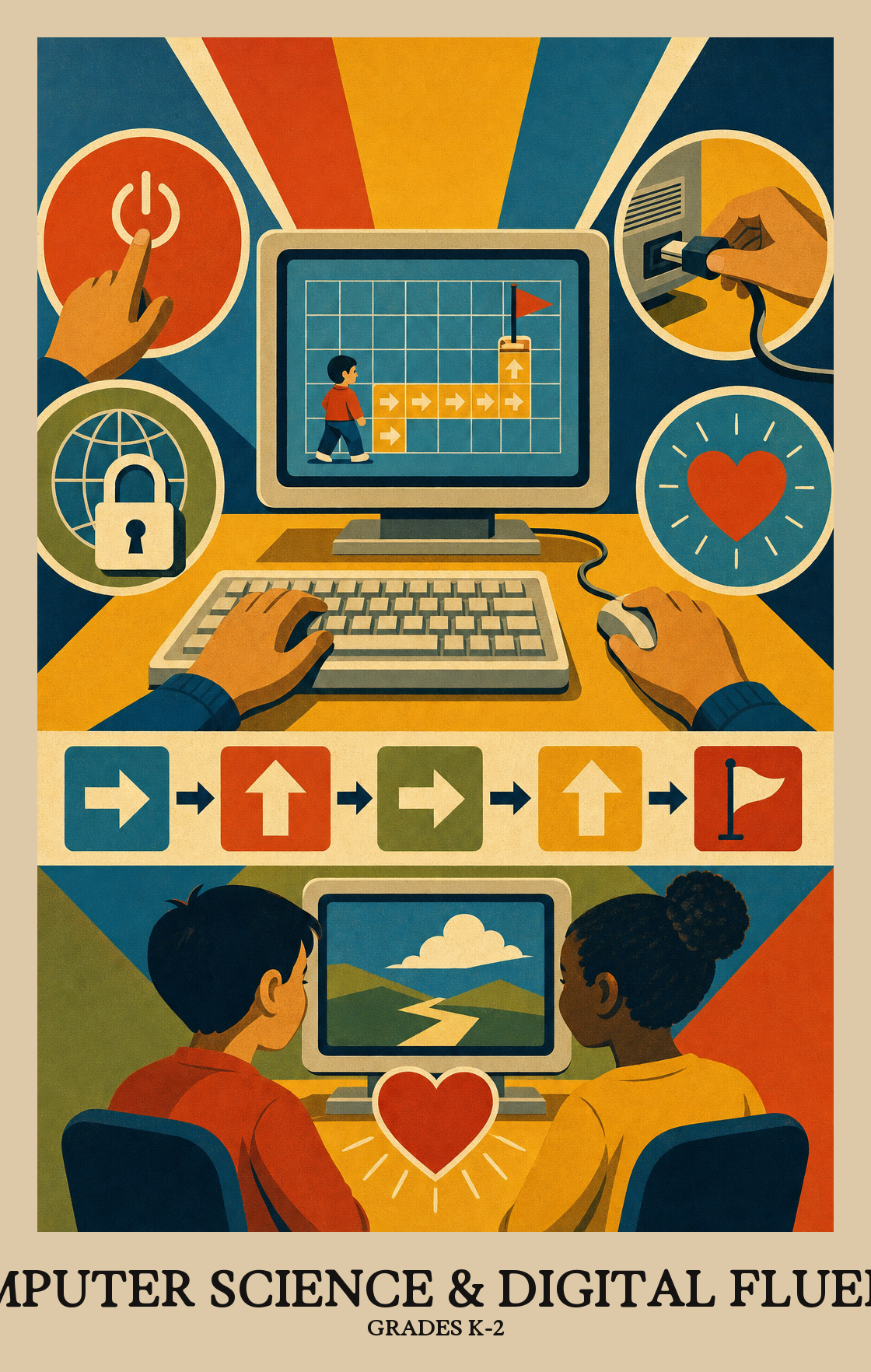 Illustration of what students learn in Grades K-2 Computer Science & Digital Fluency