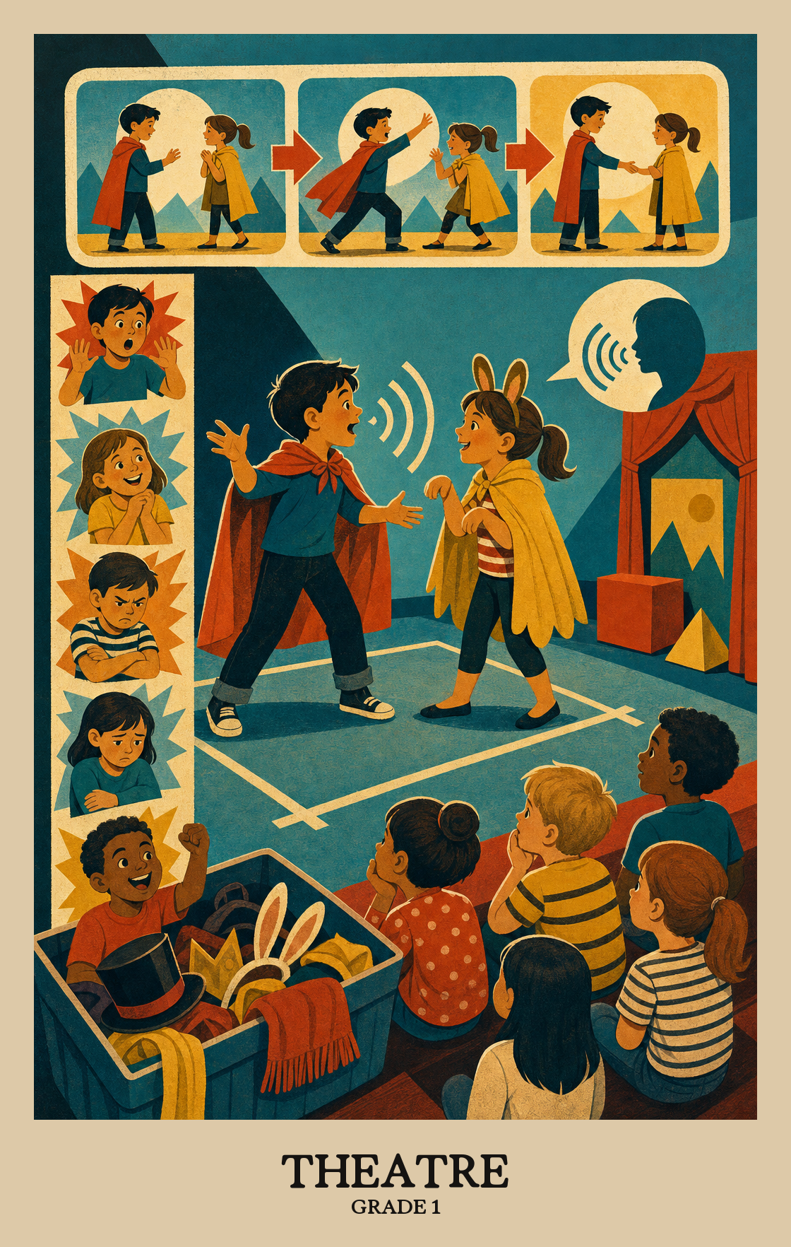 Illustration of what students learn in Grade 1 Arts: Theatre