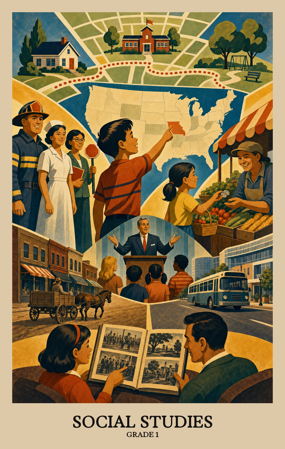 Illustration of what students learn in Grade 1 Social Studies