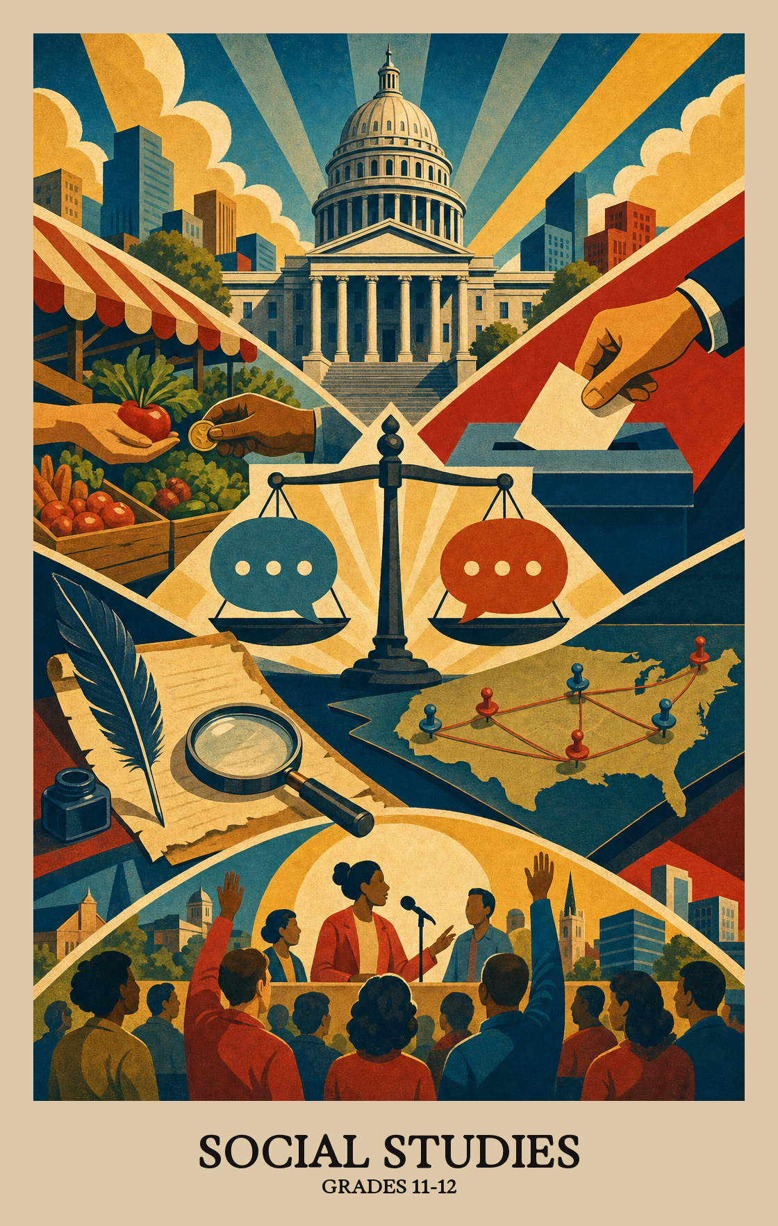 Illustration of what students learn in Grades 11-12 Social Studies