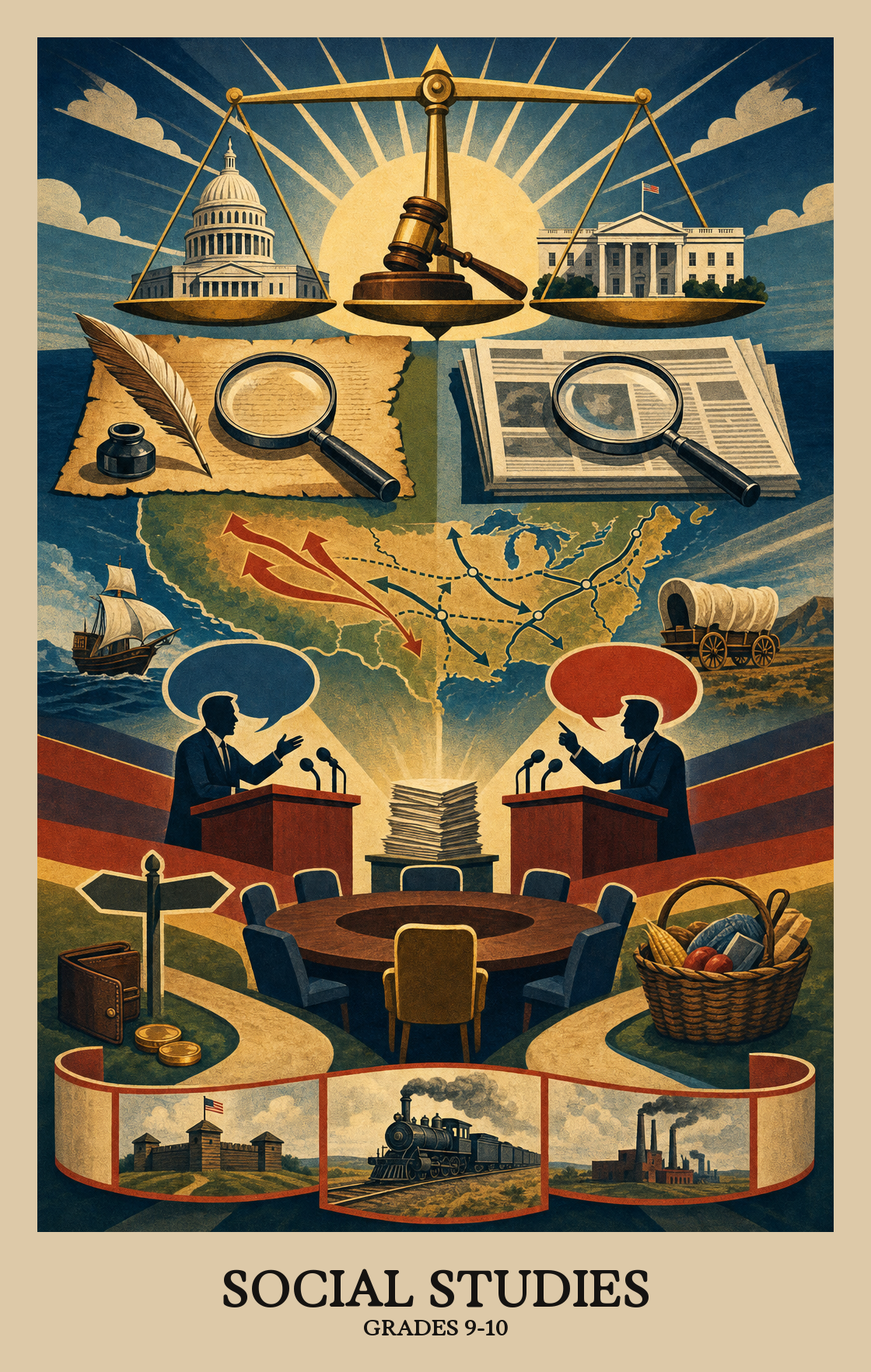Illustration of what students learn in Grades 9-10 Social Studies