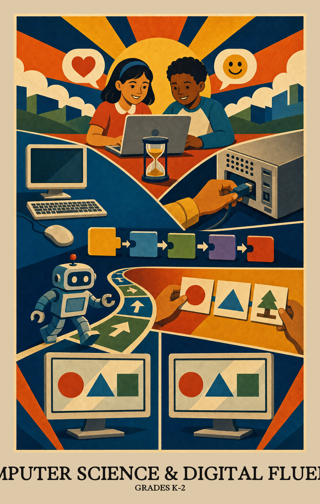 Illustration of what students learn in Grades K-2 Computer Science & Digital Fluency