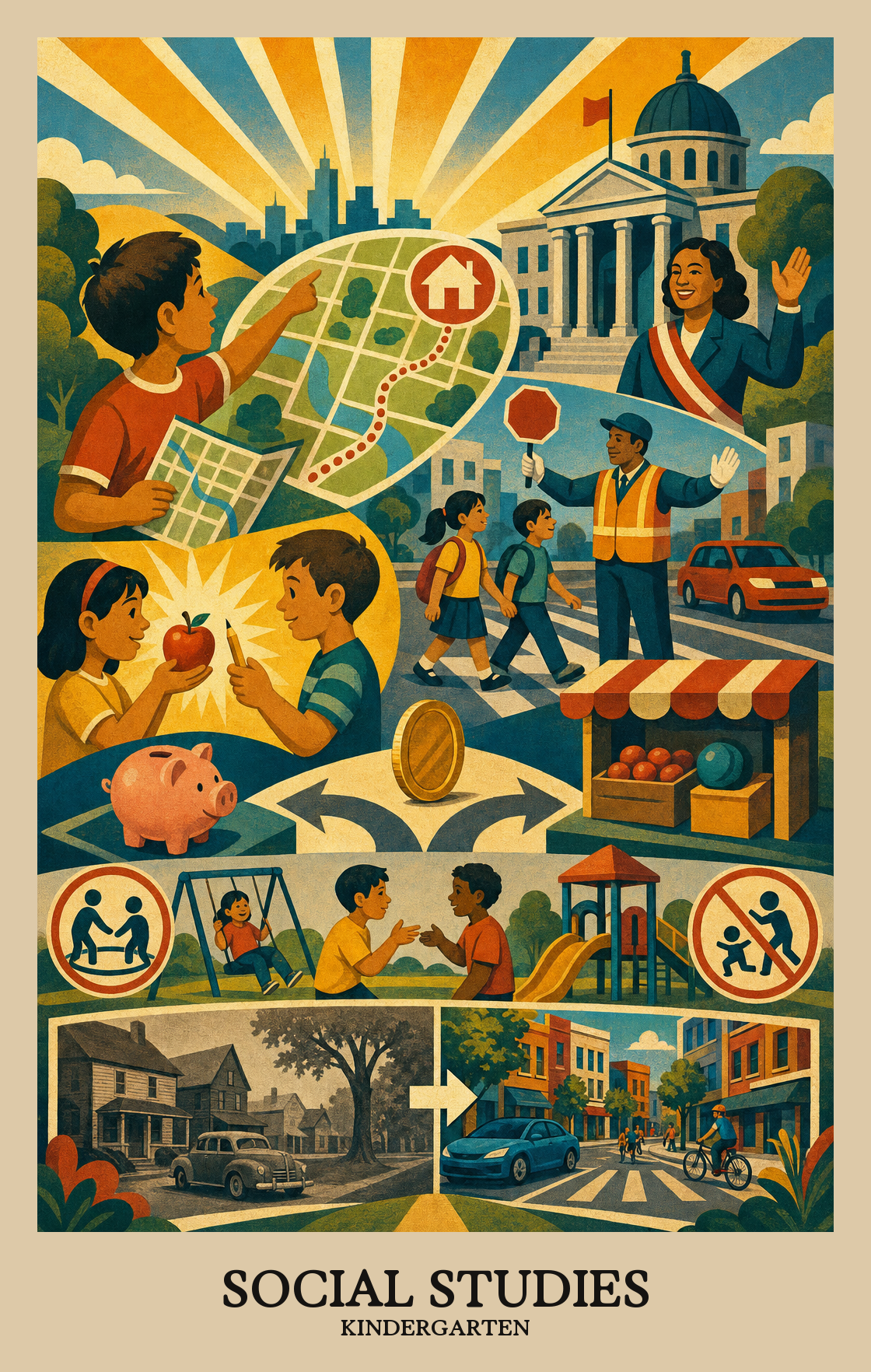 Illustration of what students learn in Kindergarten Social Studies