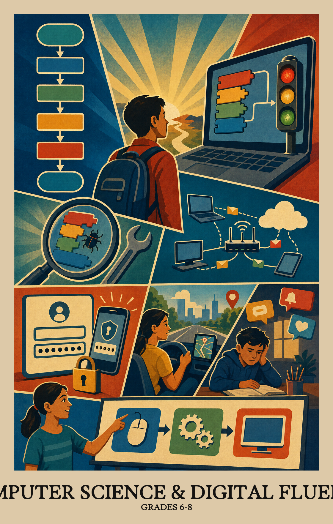 Illustration of what students learn in Grades 6-8 Computer Science & Digital Fluency