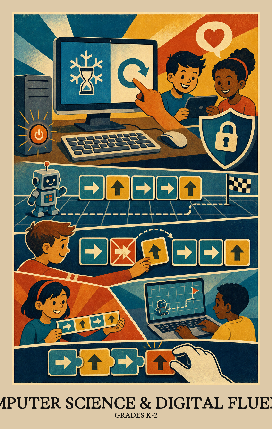 Illustration of what students learn in Grades K-2 Computer Science & Digital Fluency