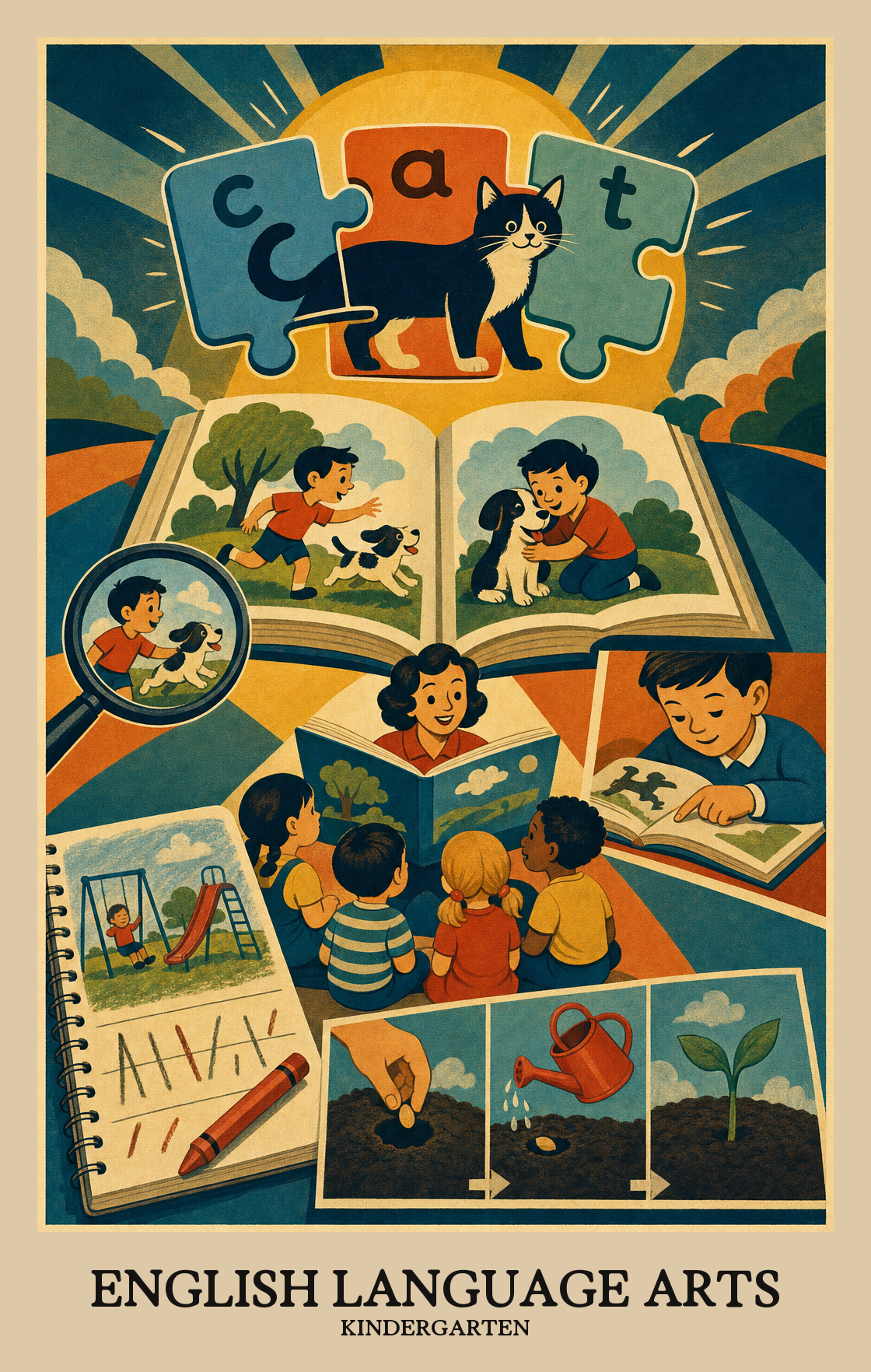 Illustration of what students learn in Kindergarten English Language Arts