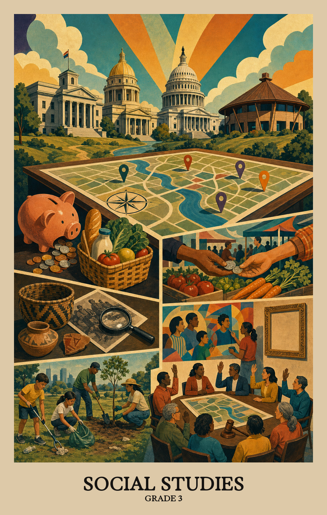 Illustration of what students learn in Grade 3 Social Studies