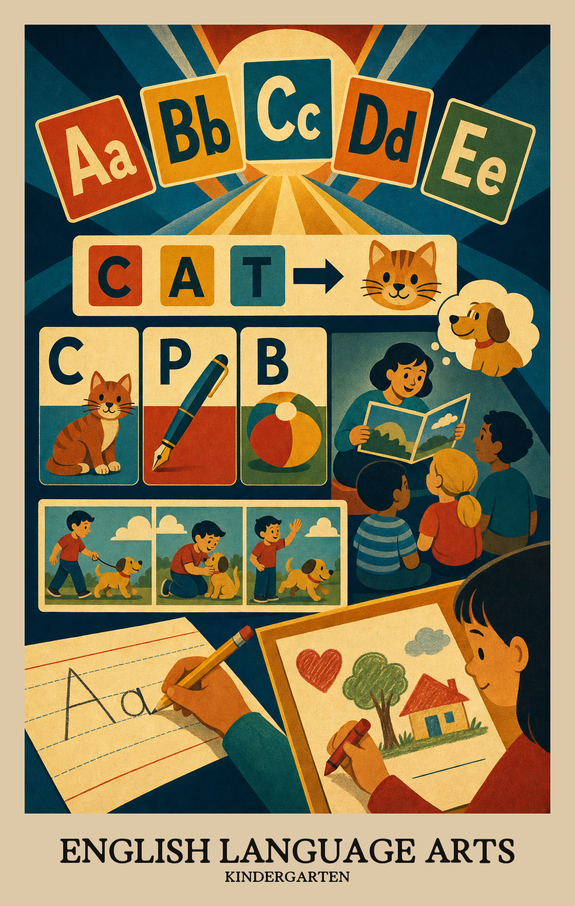 Illustration of what students learn in Kindergarten English Language Arts