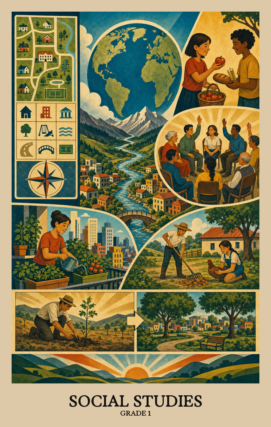 Illustration of what students learn in Grade 1 Social Studies