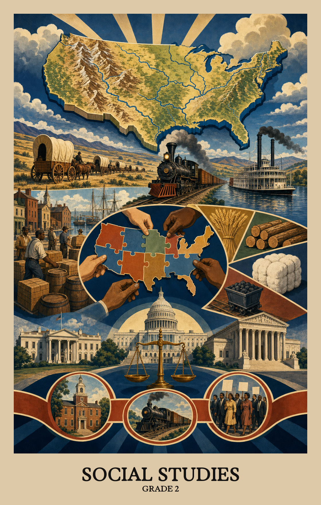 Illustration of what students learn in Grade 2 Social Studies