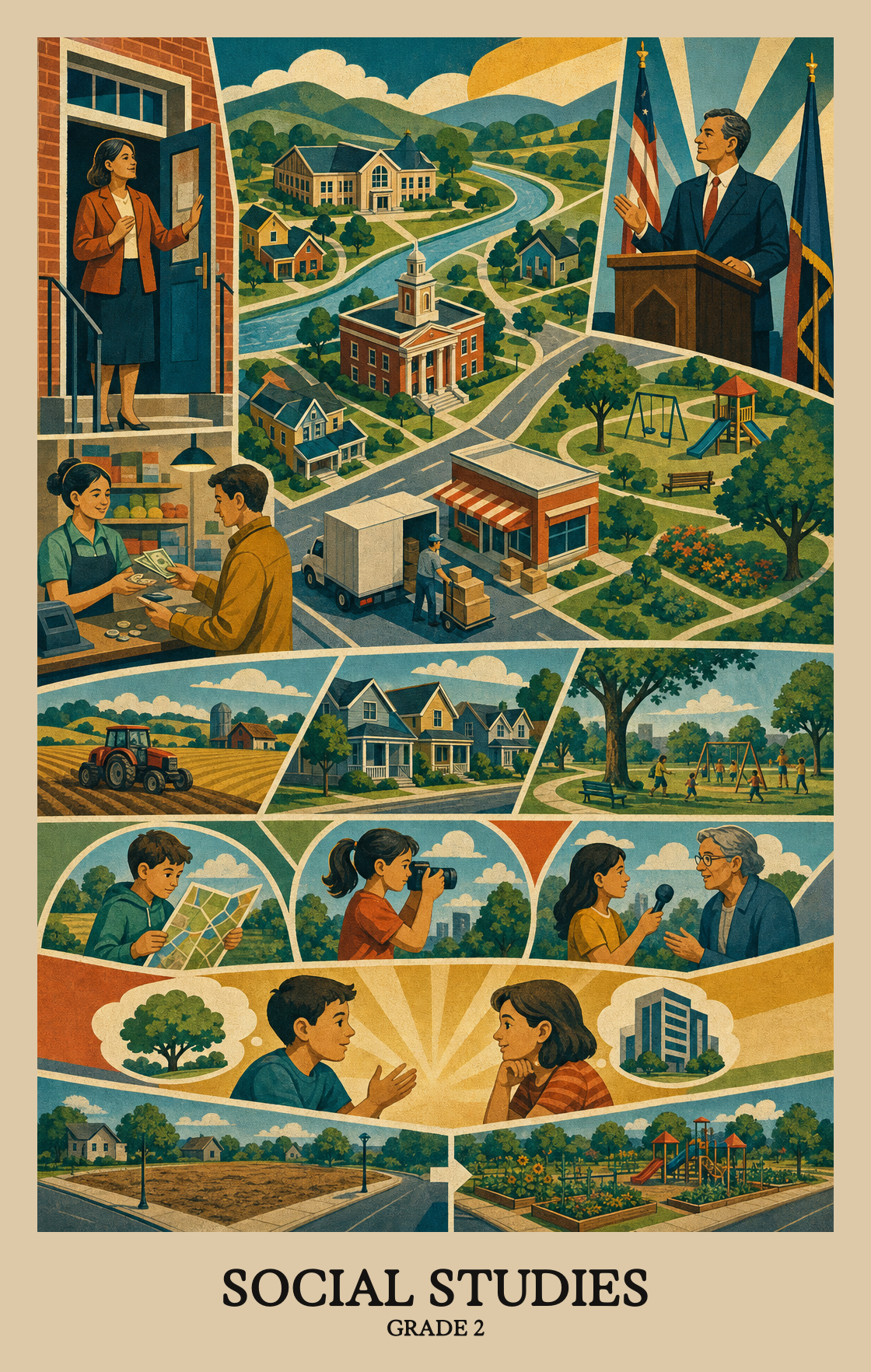 Illustration of what students learn in Grade 2 Social Studies