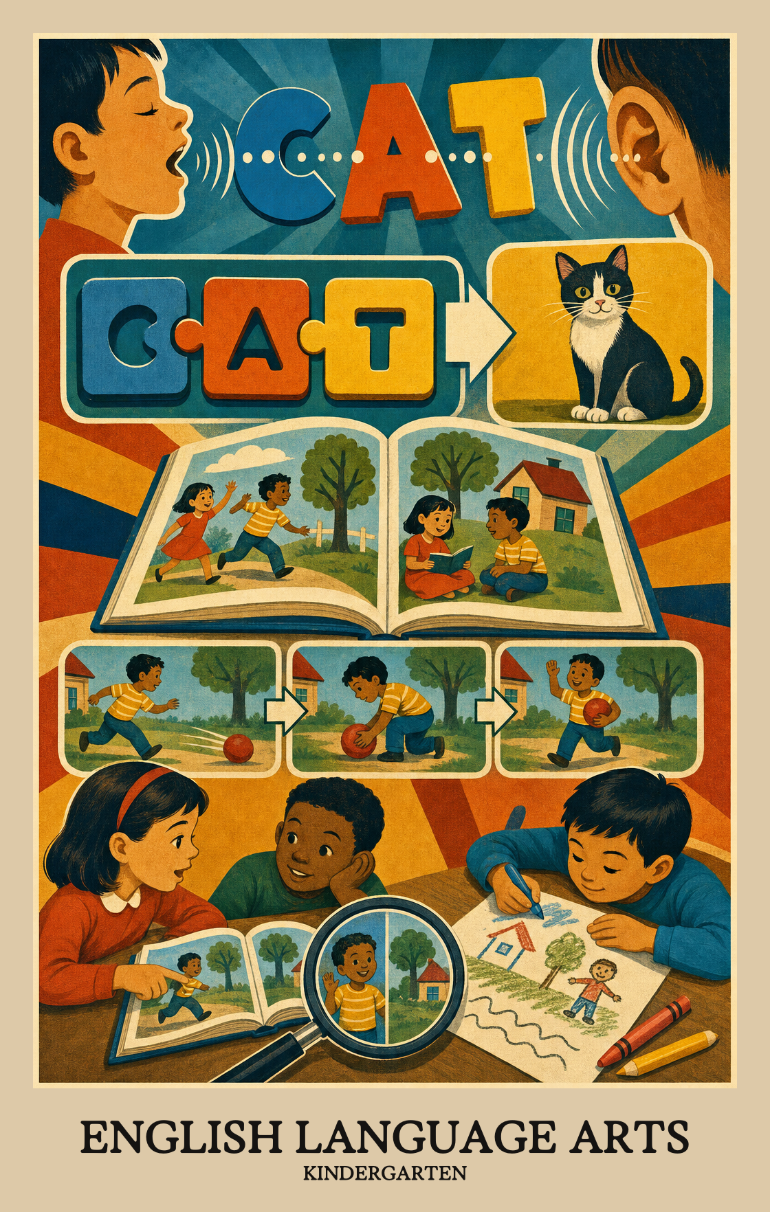 Illustration of what students learn in Kindergarten English Language Arts