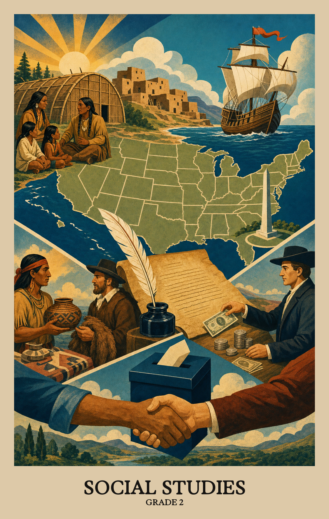 Illustration of what students learn in Grade 2 Social Studies