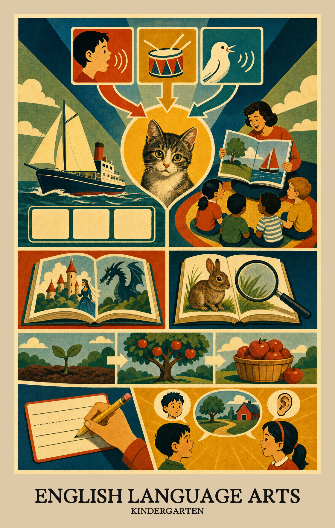 Illustration of what students learn in Kindergarten English Language Arts