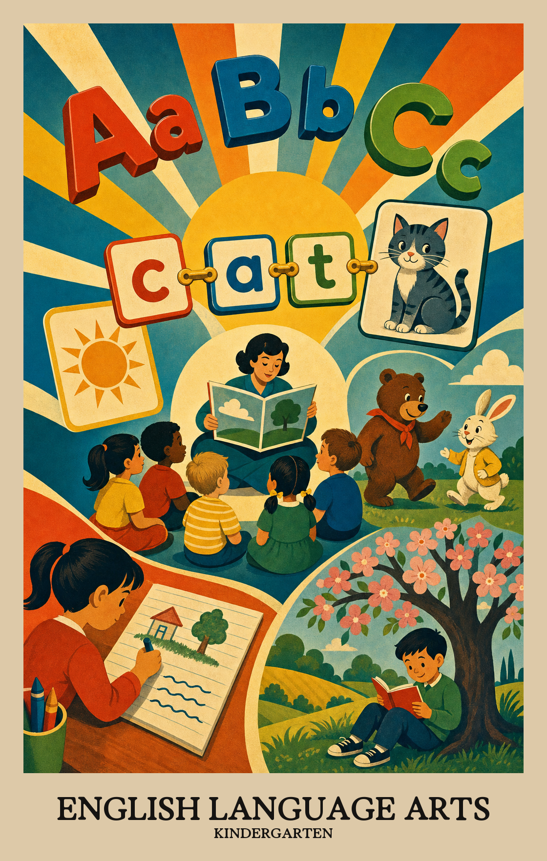 Illustration of what students learn in Kindergarten English Language Arts
